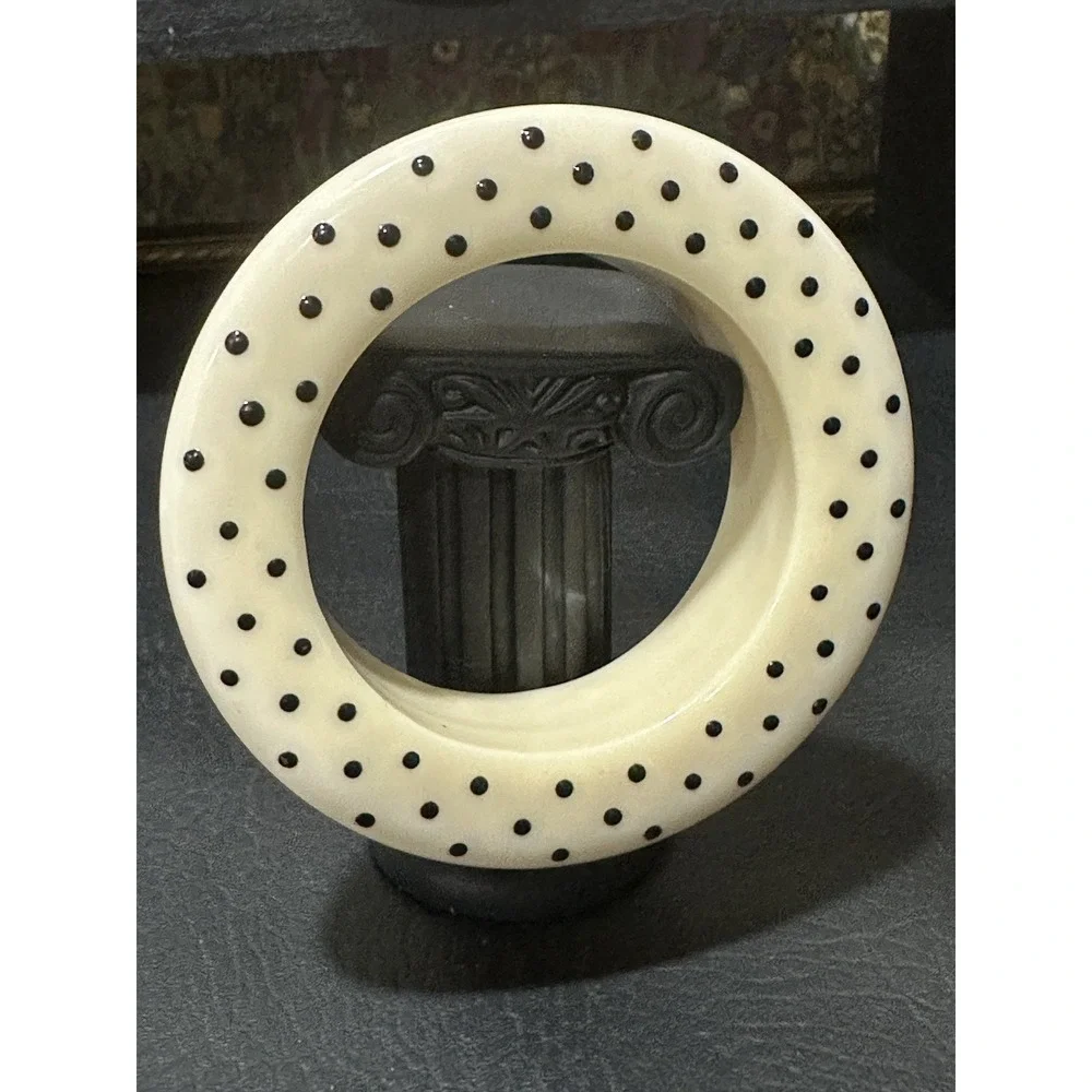 Vintage Cream Lucite‎ Bangle Bracelet Black Polka Dot Retro Chuncky Heavy READ